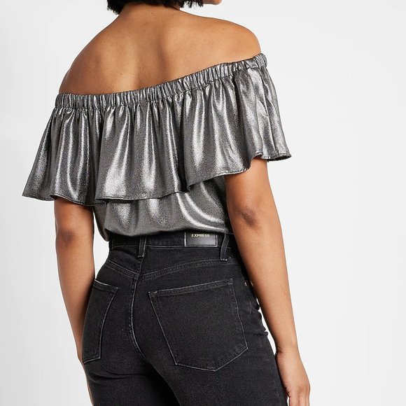 Express Metallic Off The Shoulder Ruffle Overlay Top size M - Picture 2 of 6